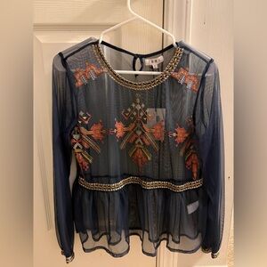 Sheer Navy Embroidered Women Top - THML
